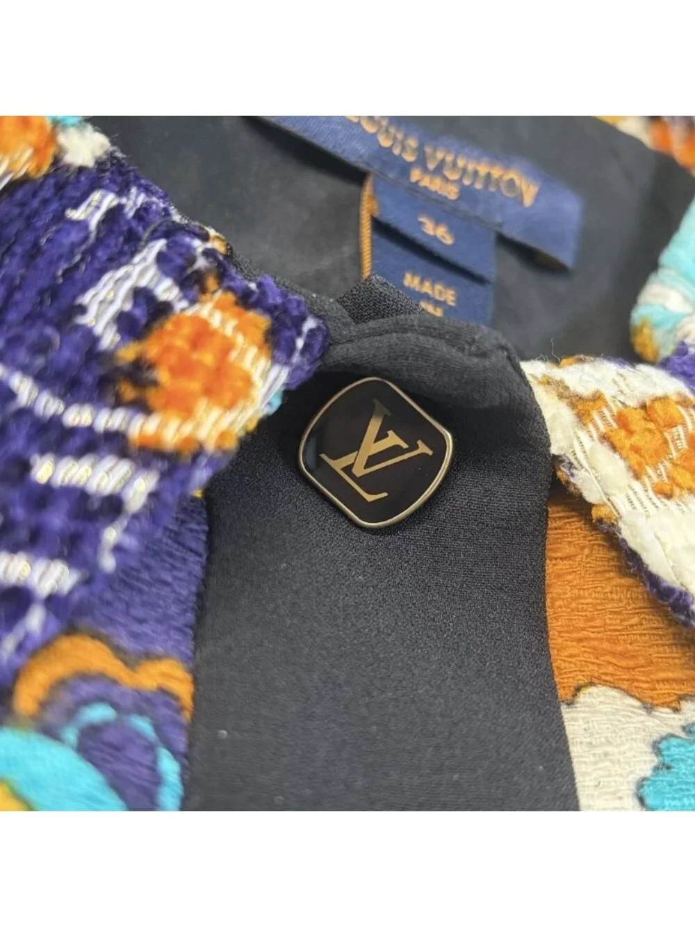Louis Vuitton Dress Short Sleeve Button All Over Print Multicolor Gold 36